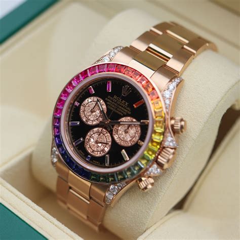 rolex cosmograph daytona raingold with diamond|rolex with rainbow bezel.